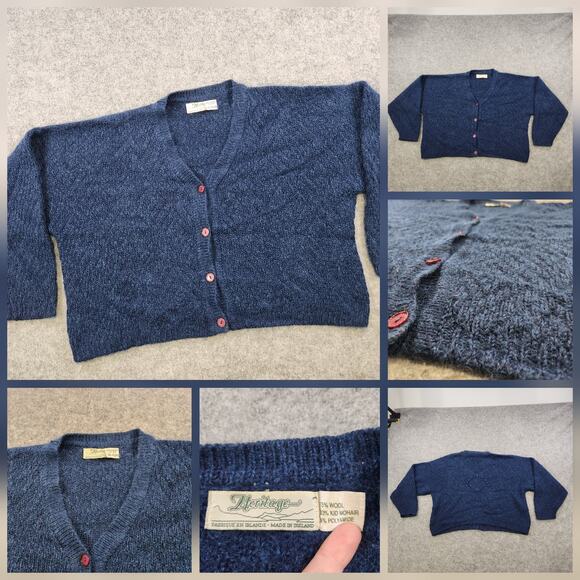 Vintage Heritage Sweater Womens Blue Wool Kid Mohair Irish Cardigan 80s - Picture 1 of 16
